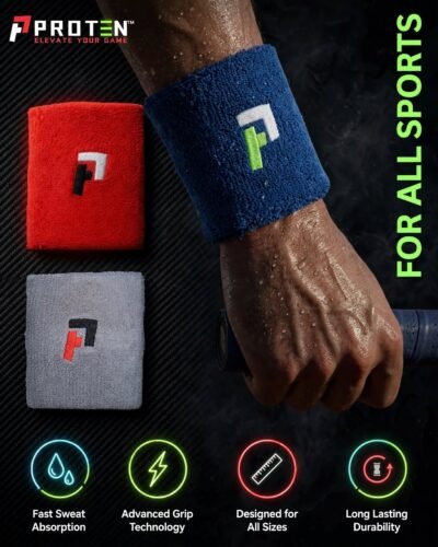 PROTEN Professional Sports Wristband for Men and Women High Sweat Absorption and Advanced Grip Technology | Terry Cotton Sweatband for Badminton, Tennis, Gym, Cricket & Running (Pack of 1)