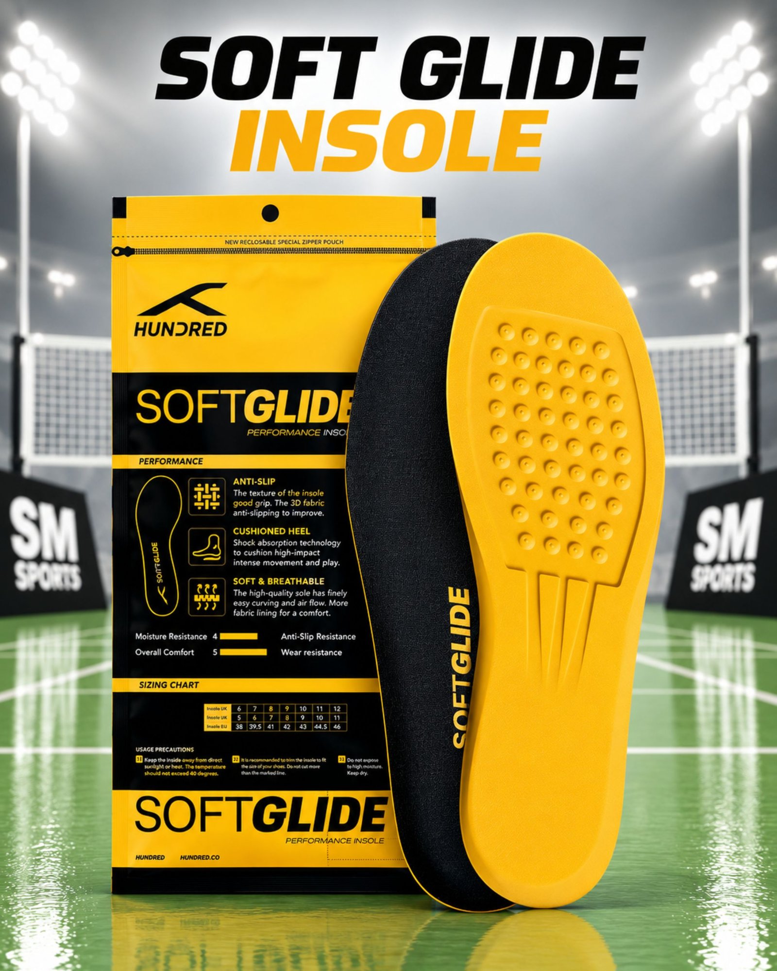 Hundred Soft Glide Performance Insoles | Plush Cushioning | Anti-Slip | Soft & Breathable